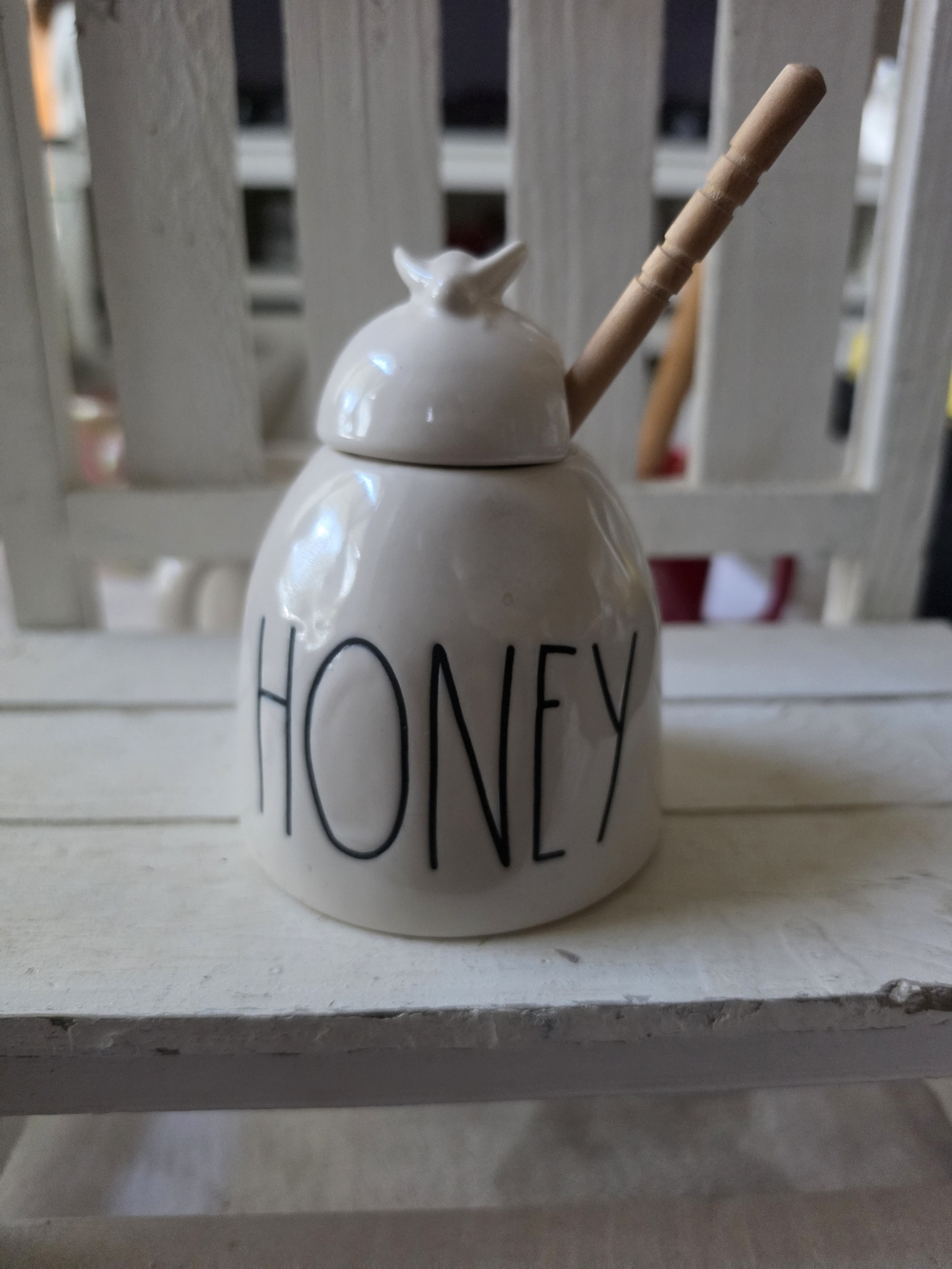 Rae Dunn White Ceramic Honey Jar with Wooden Dipper